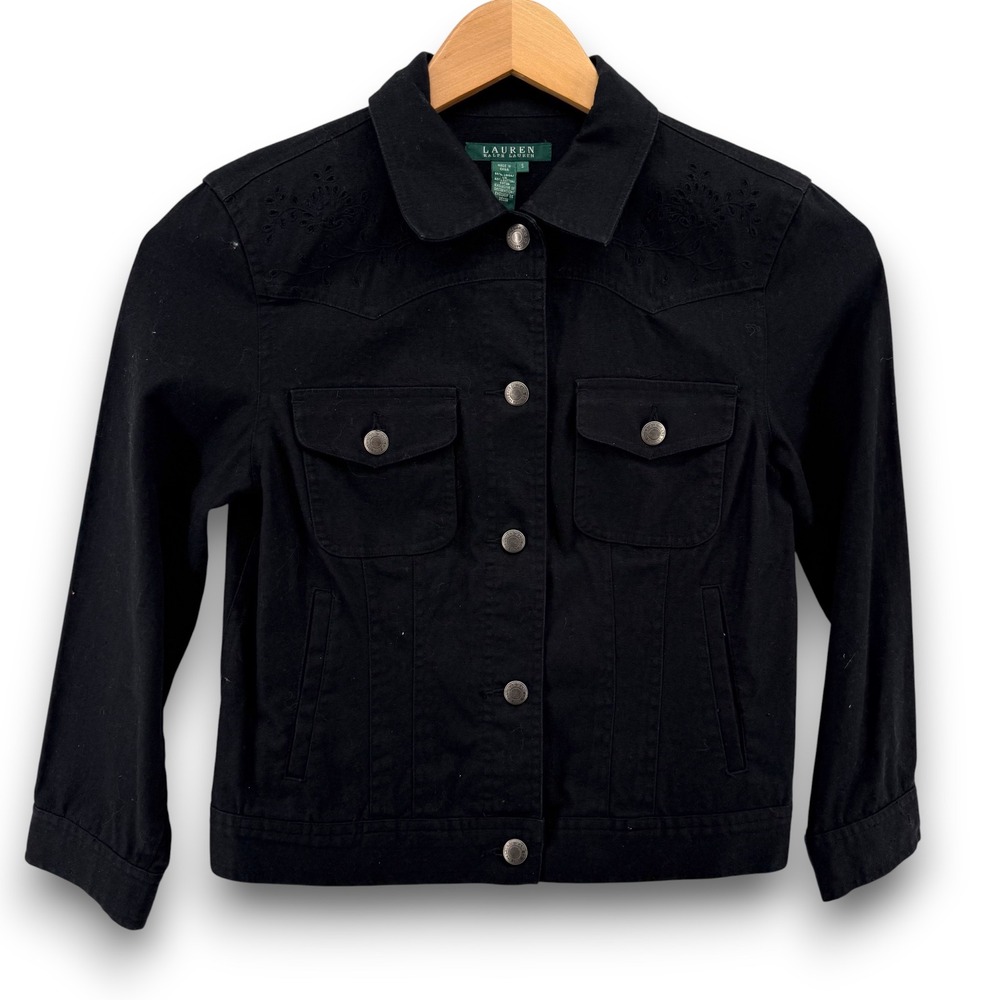 Lauren‎ Ralph Lauren Black Embroidered Western Style Denim Jacket Size S